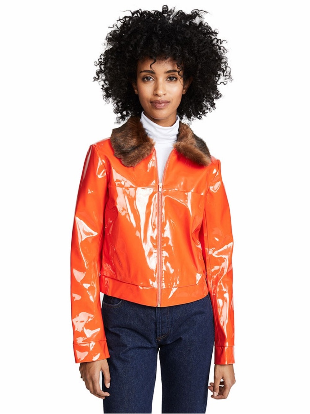 STAUD Orange Patent Bomber Jacket with Faux Fur Collar